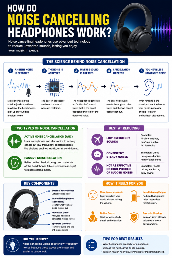 infographics showing working of noise cancelling headphones