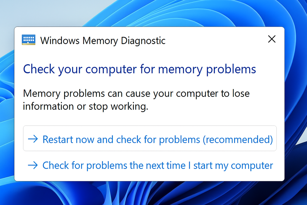 Windows Memory Diagnostic tool options.