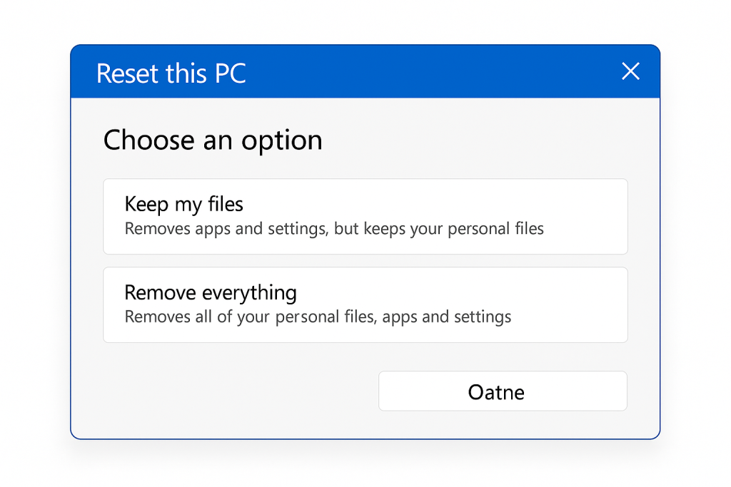 Reset this PC dialog with options “Keep my files” or “Remove everything