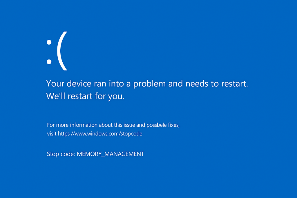 Windows 11 Blue Screen with “Stop Code: MEMORY_MANAGEMENT” shown at bottom.