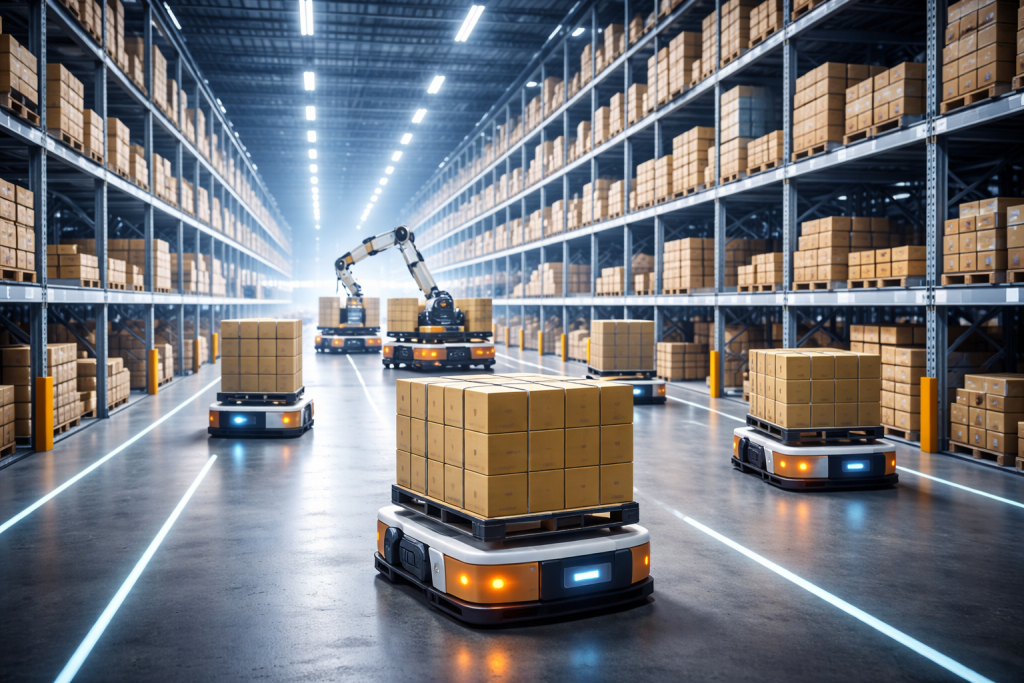 A modern warehouse with autonomous mobile robots (AMRs) navigating between shelves