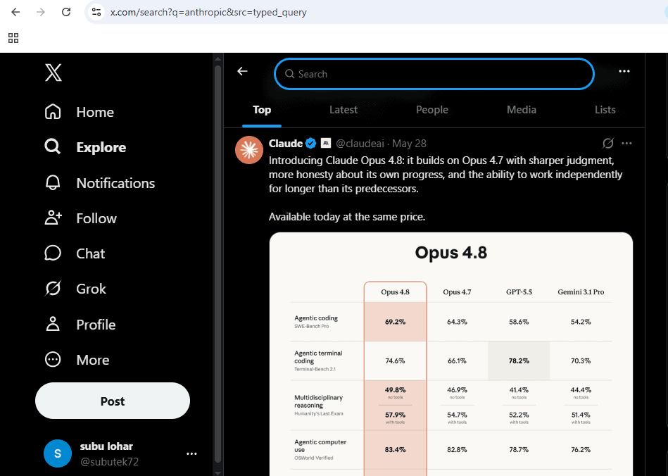 Claude 4.8 release notification on X